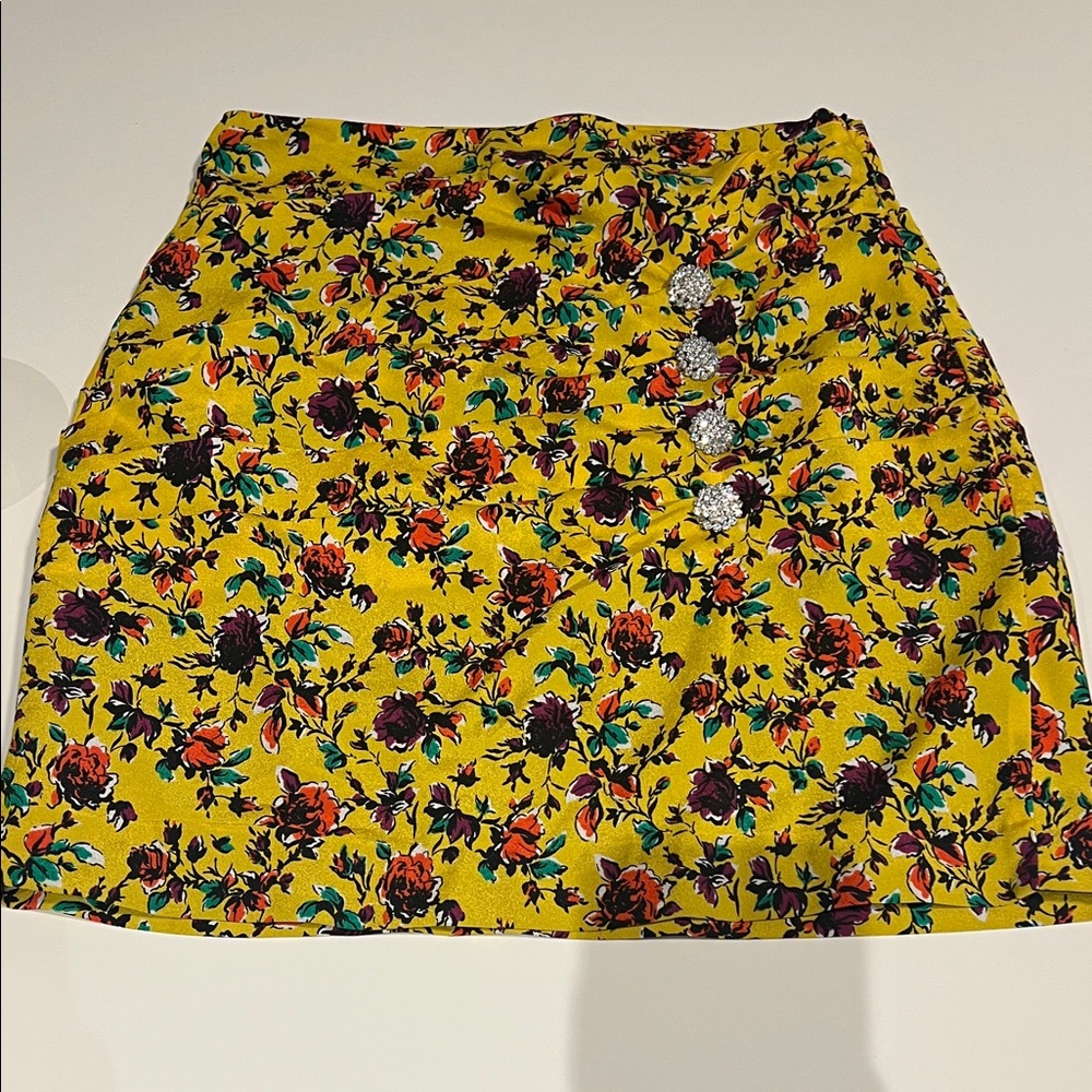 Zara Floral Yellow Skirt with Button Detail